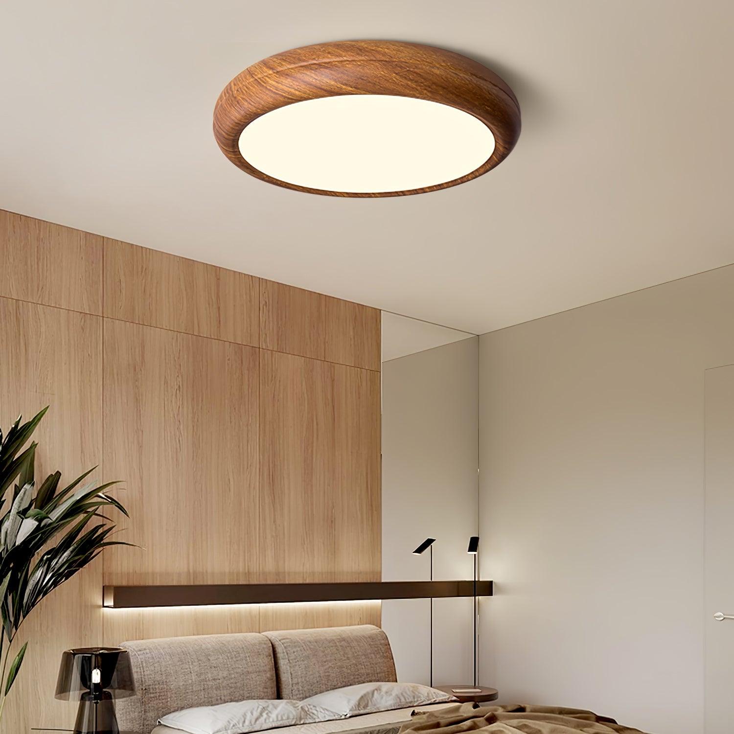 Straight edge walnut wood-effect ceiling light in a neutral-toned bedroom
