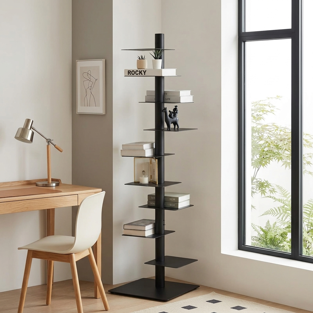 Welden rotating corner bookshelf, 9-tier iron display rack, product photo 1