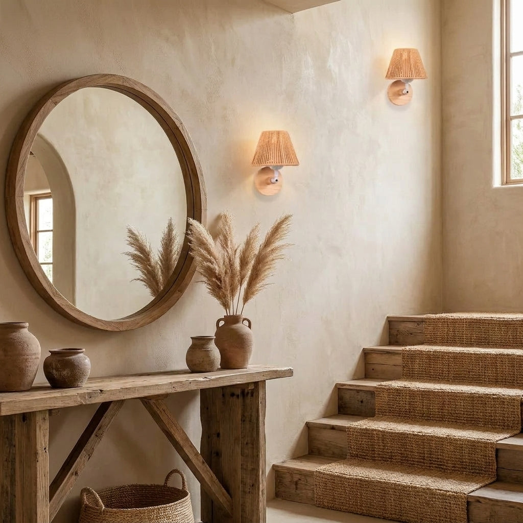 Welsi rattan woven wall sconce lighting a console table entryway with mirror and staircase