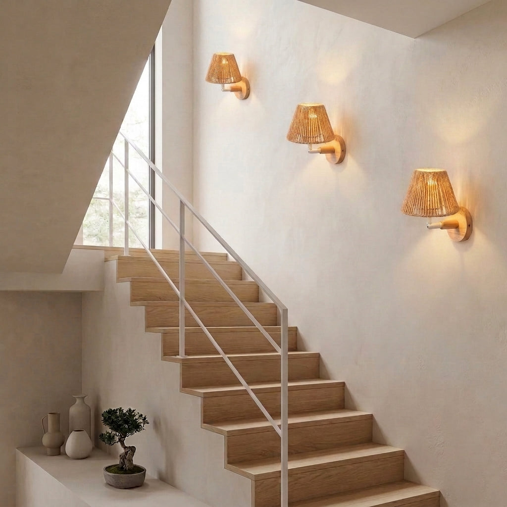 Welsi rattan woven wall sconces mounted along a staircase wall for warm hallway lighting