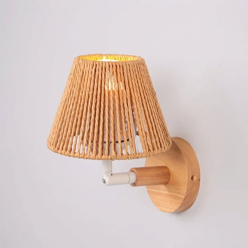 Welsi wood and hemp rope woven wall sconce, Japandi wabi-sabi style wall light on plain background