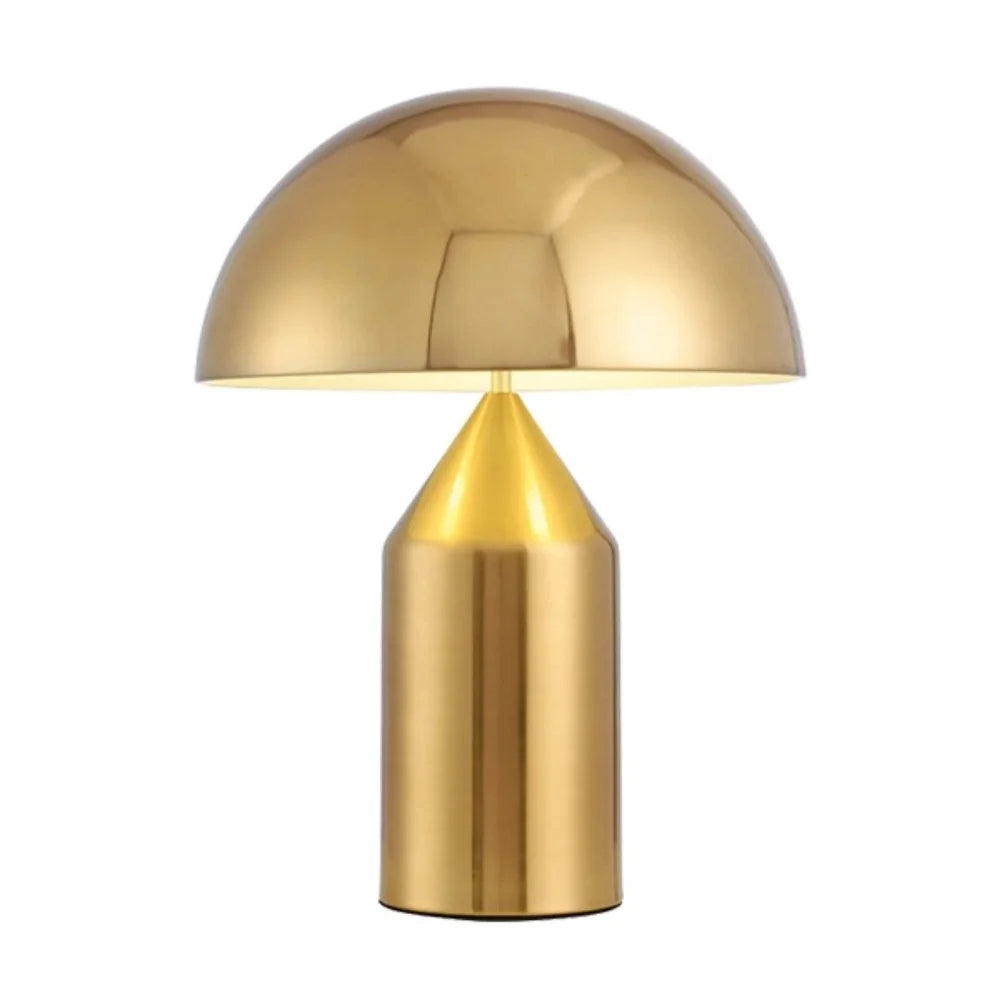 Modern gold metal mushroom wesk table lamp featuring a geometric Bauhaus dome and cylindrical base