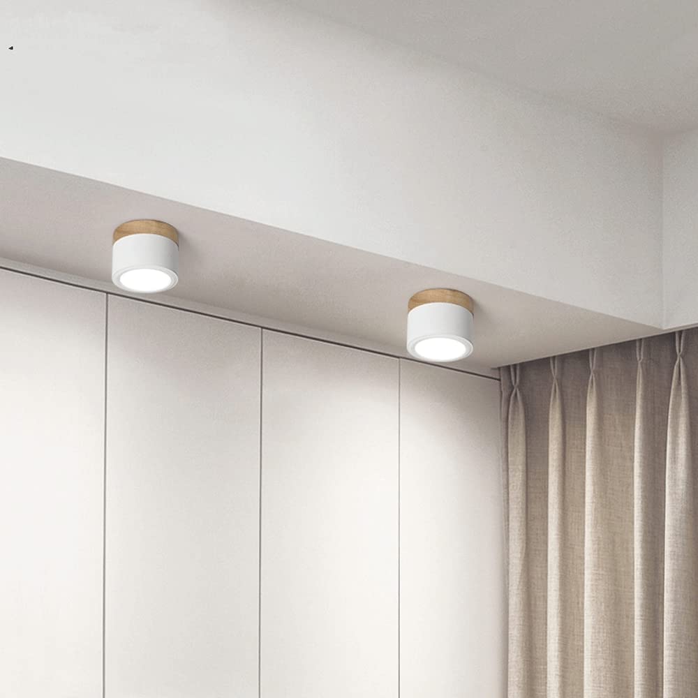 Pair of modern white cylinder flush mount ceiling lights installed in a contemporary bedroom