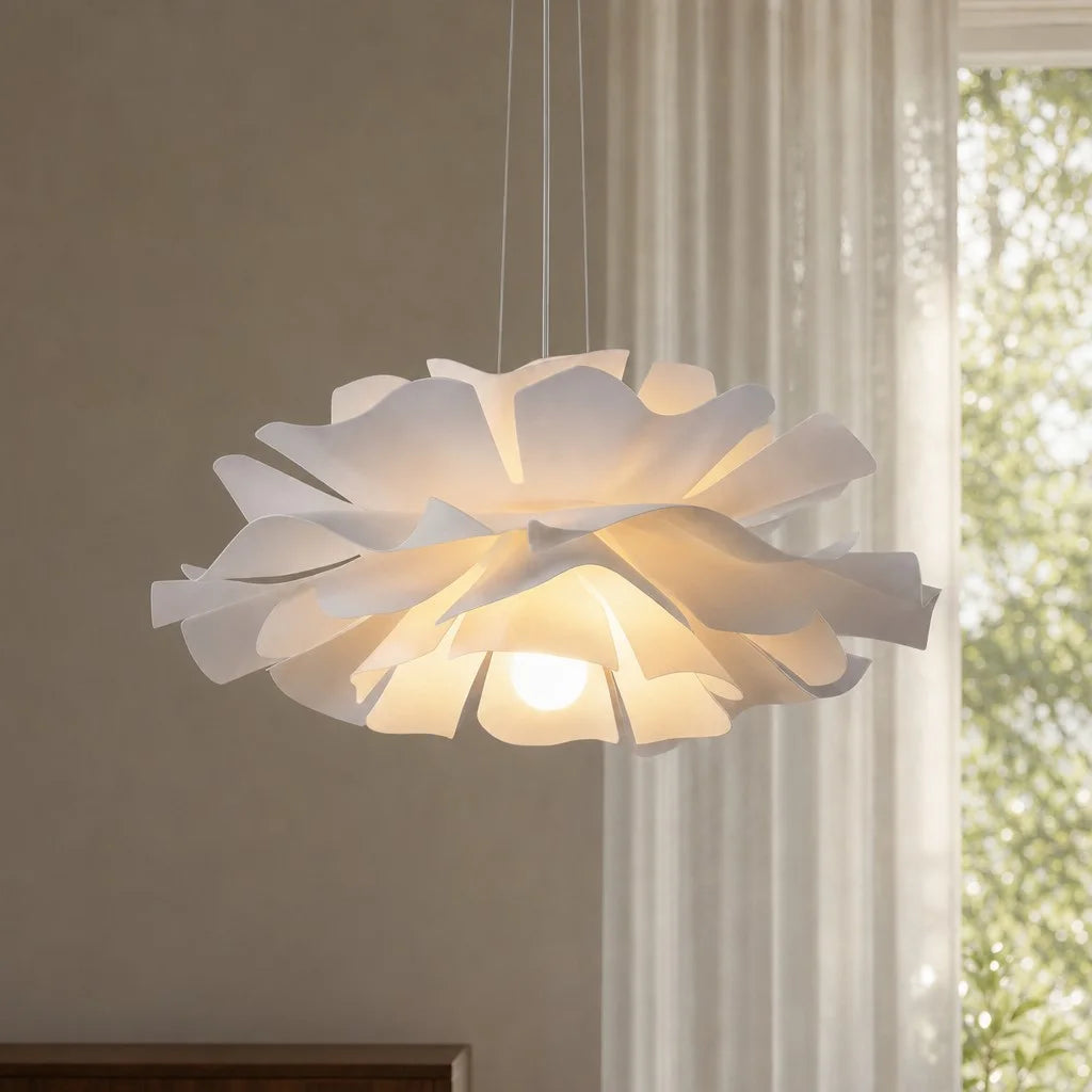 White floral pendant light suspended elegantly in front of sheer white window curtains