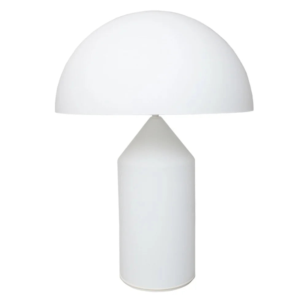 Sleek white metal mushroom desk lamp isolated on a clean white background
