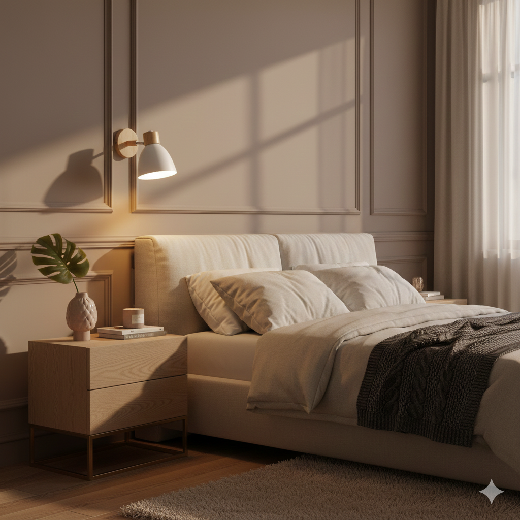 White Nordic bedside reading lamp elegantly illuminating a modern bedroom interior