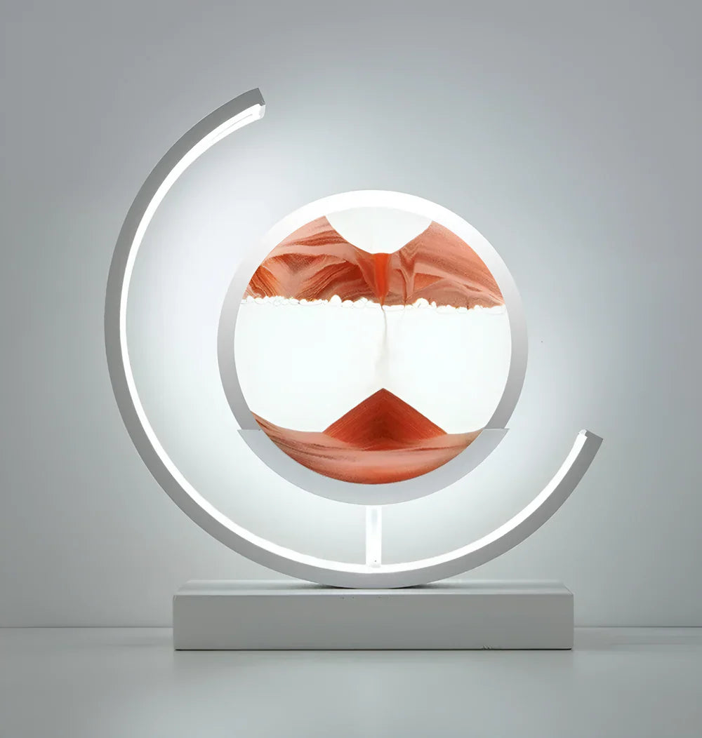 Modern white circular LED moving sand art lamp featuring bright orange sand