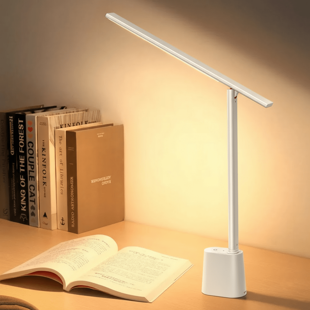Sleek white rechargeable cordless desk light illuminating a study area with stacked books