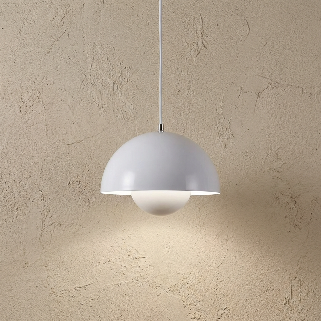 Clean white Scandinavian flowerpot hanging lamp illuminating a minimalist room