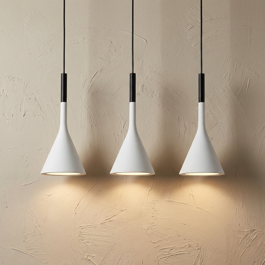Three white Scandinavian funnel ceiling lamps casting smooth, glare-free downlight