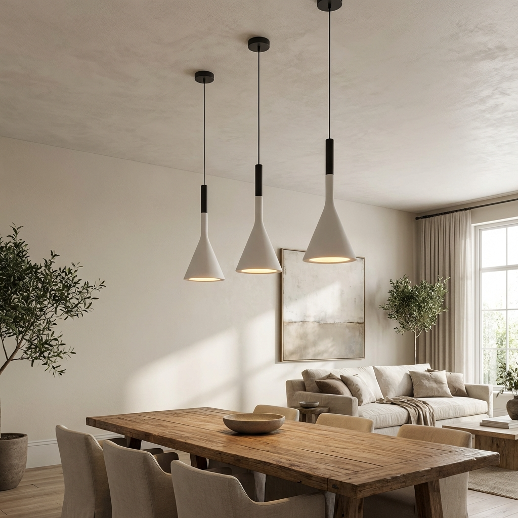 White teardrop pendant lights hanging gracefully over a dining table in a sunlit Scandinavian interior