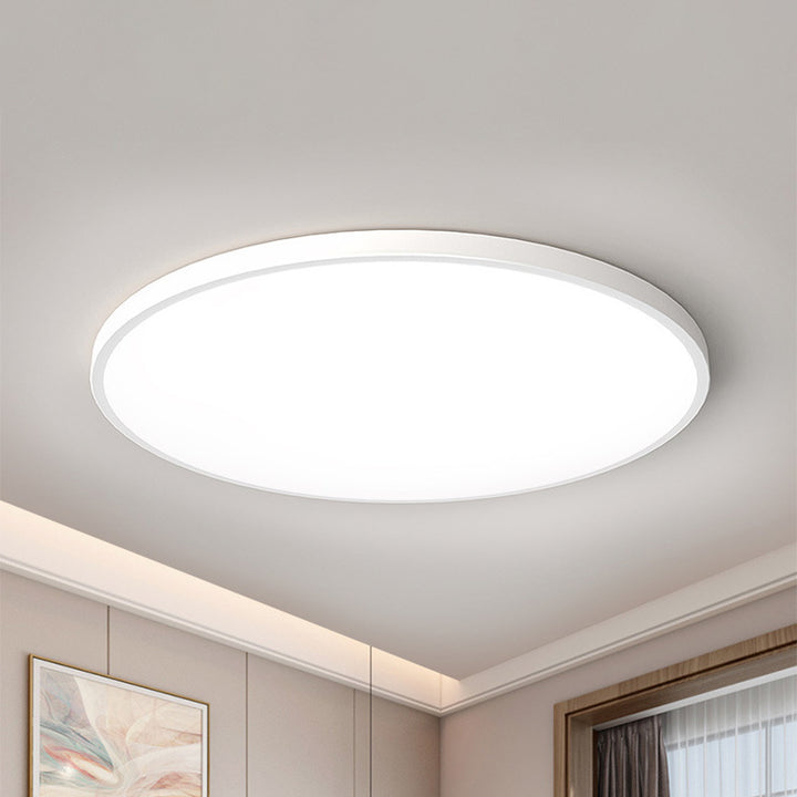 Close-up of a white ultra-thin round flat panel LED ceiling fixture