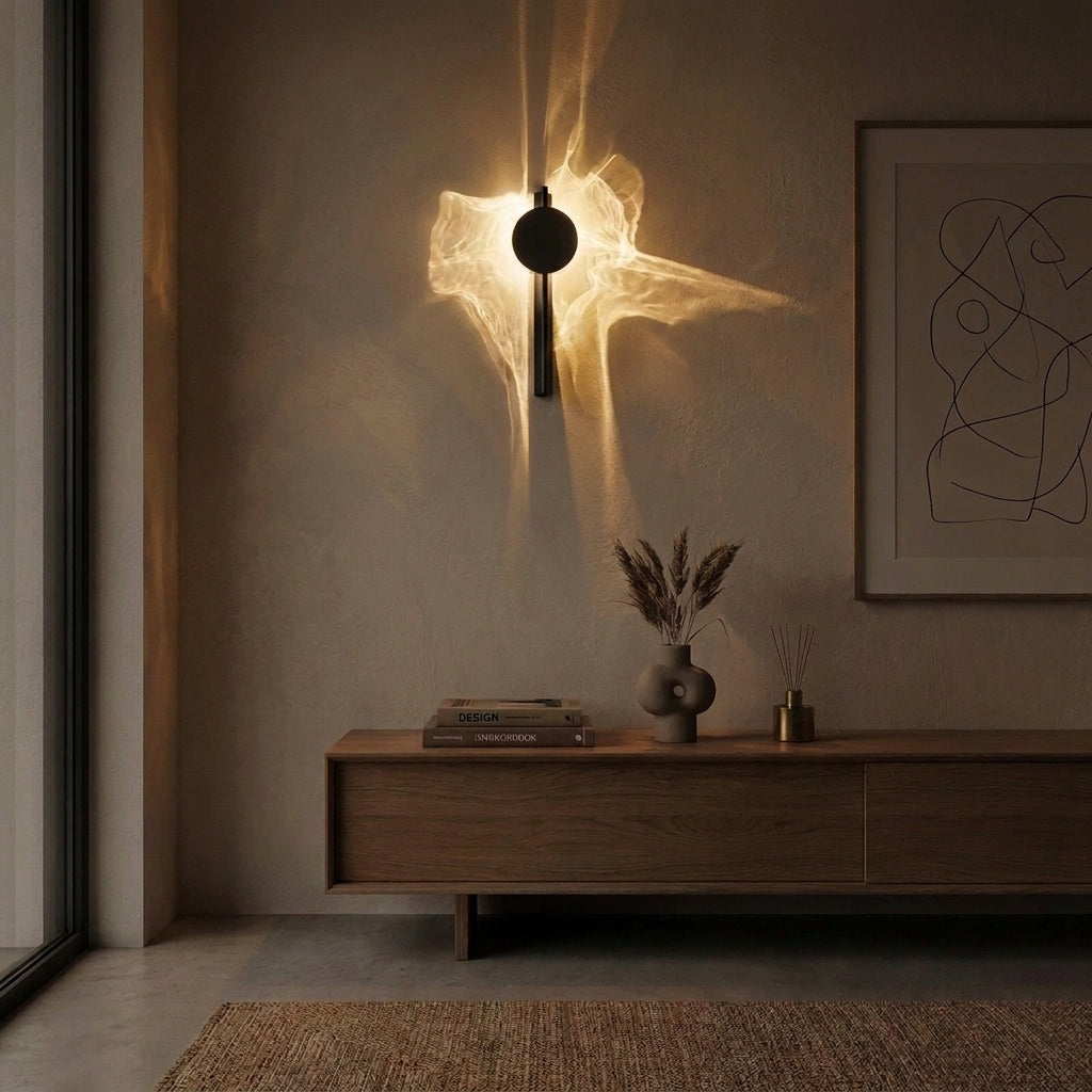 Wobzi Duo wall sconce with two black discs above a wooden sideboard styled with books and a vase