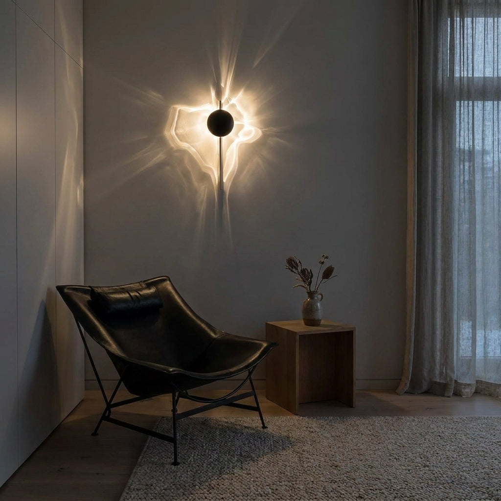 Wobzi wall sconce beside a black leather chair and wooden side table