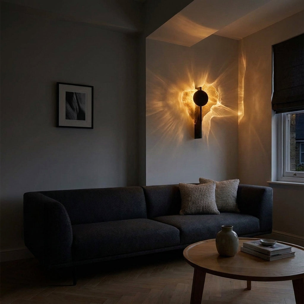 Wobzi wall sconce above a dark sofa in a moody living room