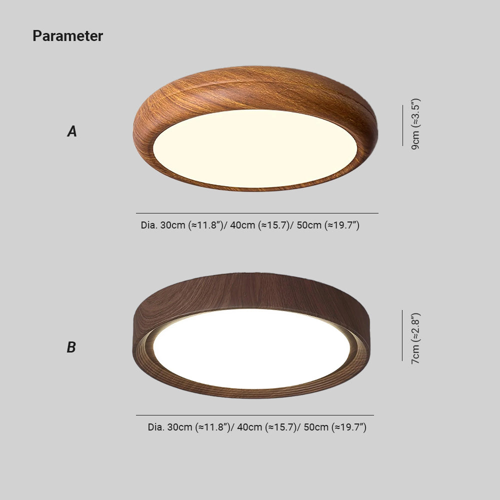 Design options graphic showing curved and straight edge wood-effect ceiling lights
