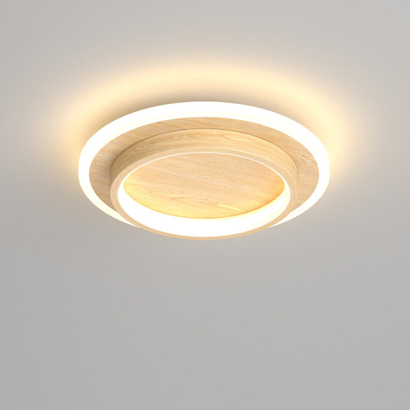 Close-up detail of the wood texture finish on the geometric halo ceiling light