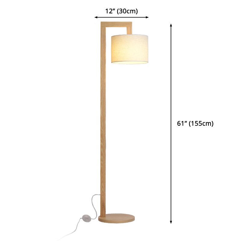 Dimensions guide for the wooden right-angle floor lamp showing 155cm height and 30cm reach