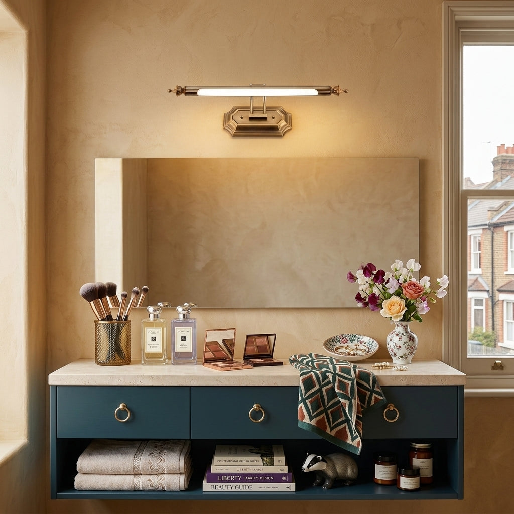 Wuxqa bronze wall light mounted above a mirror over a blue bathroom vanity