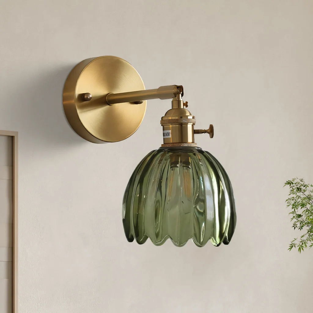 Vintage xetyl green fluted glass wall sconce featuring an adjustable brass arm
