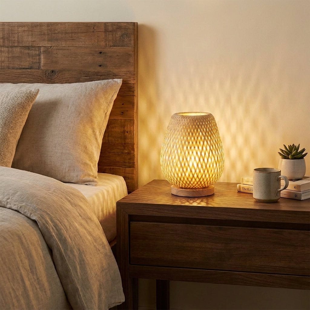 Xevlu round bamboo woven table lamp glowing on a bedroom nightstand