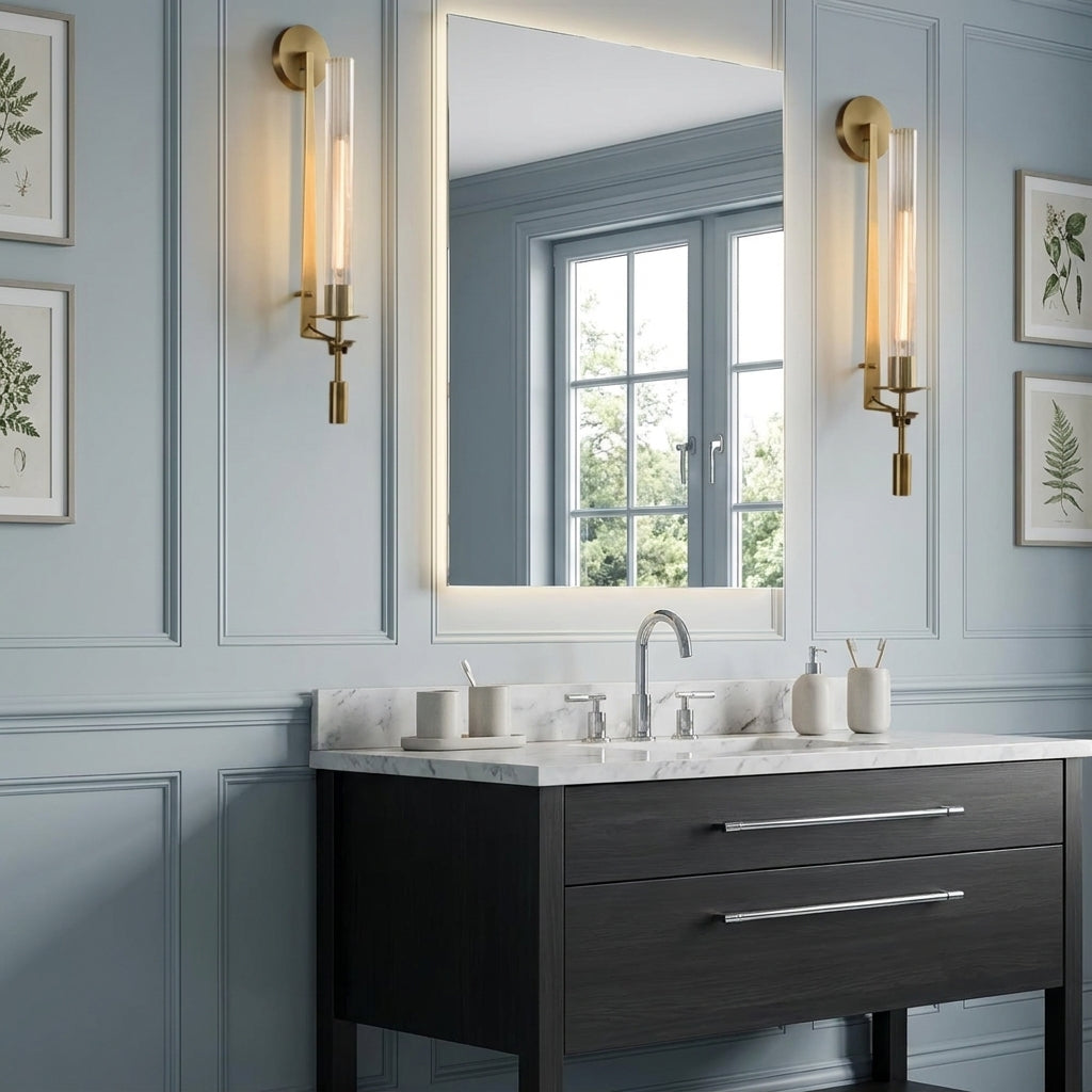 A pair of Xilpo wall sconces flanking a mirror above a bathroom vanity in a blue panelled bathroom