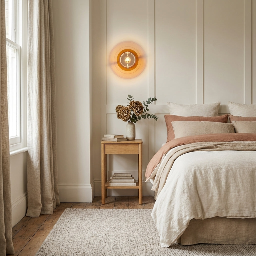 Ximlu wall sconce mounted in a bedroom with a warm orange glow beside the bed
