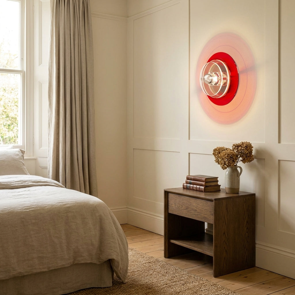 Ximlu wall sconce mounted in a bedroom with a soft red glow beside the bed