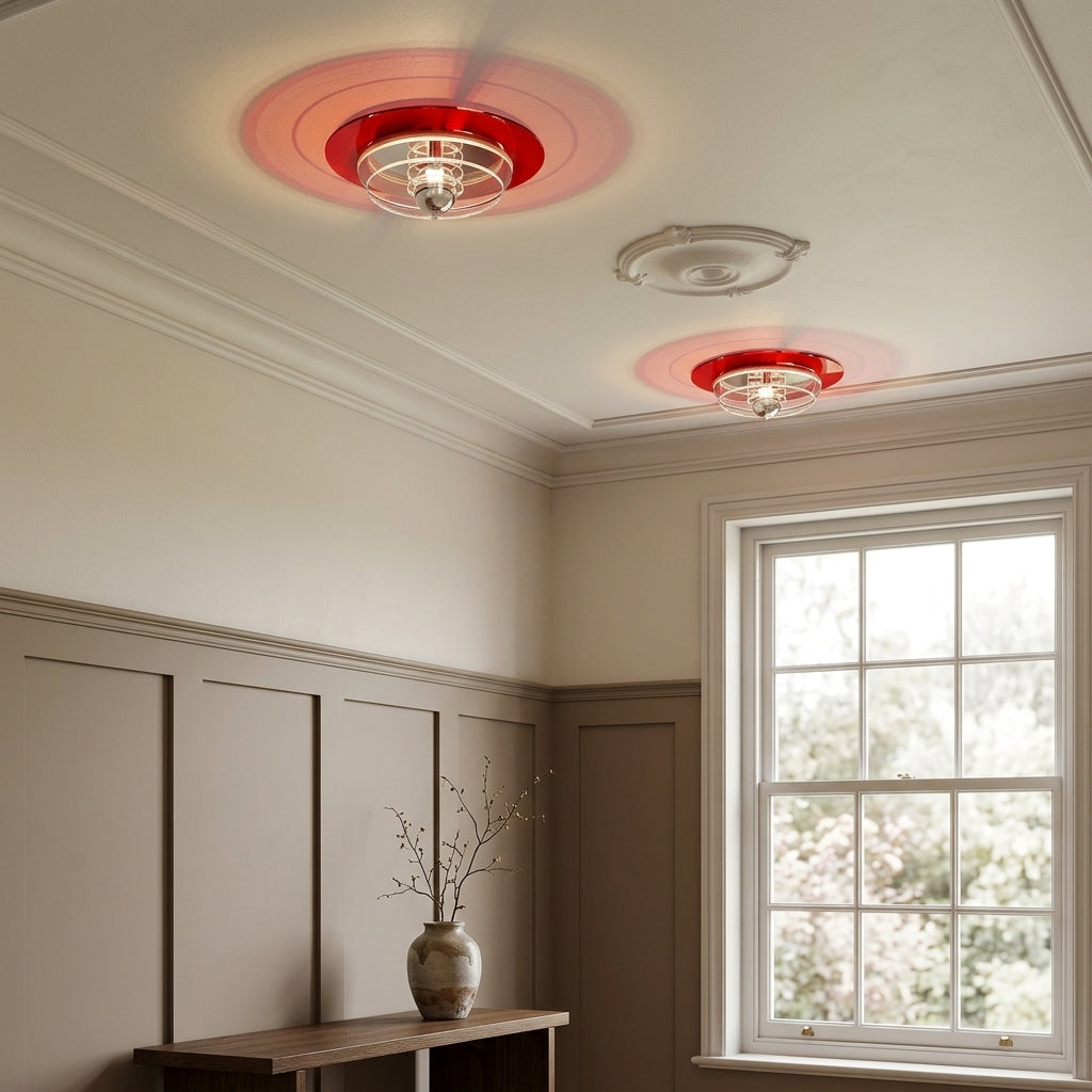Ximlu red ceiling light discs mounted on a ceiling, illuminated