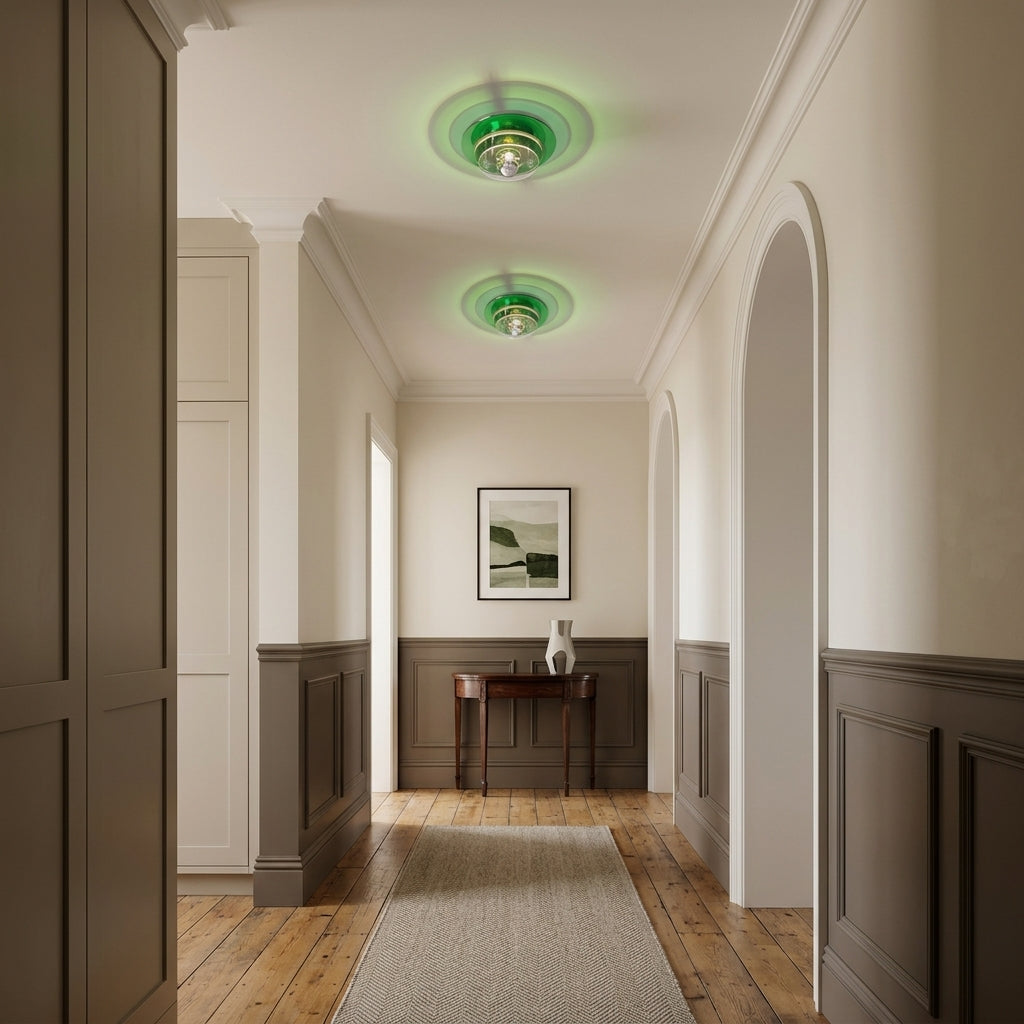 Ximlu green wall sconce glowing at the end of a hallway