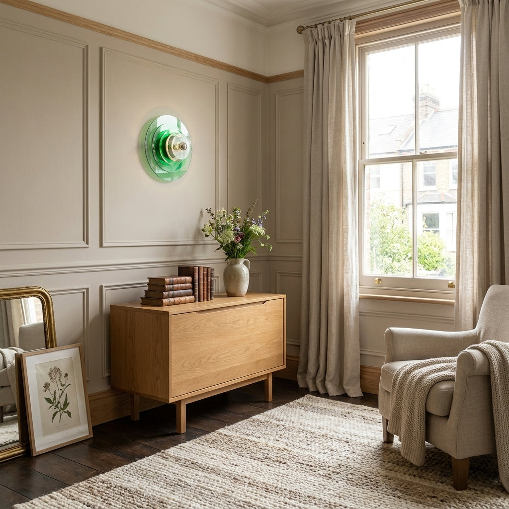 Ximlu green wall sconce mounted in a living room beside an armchair