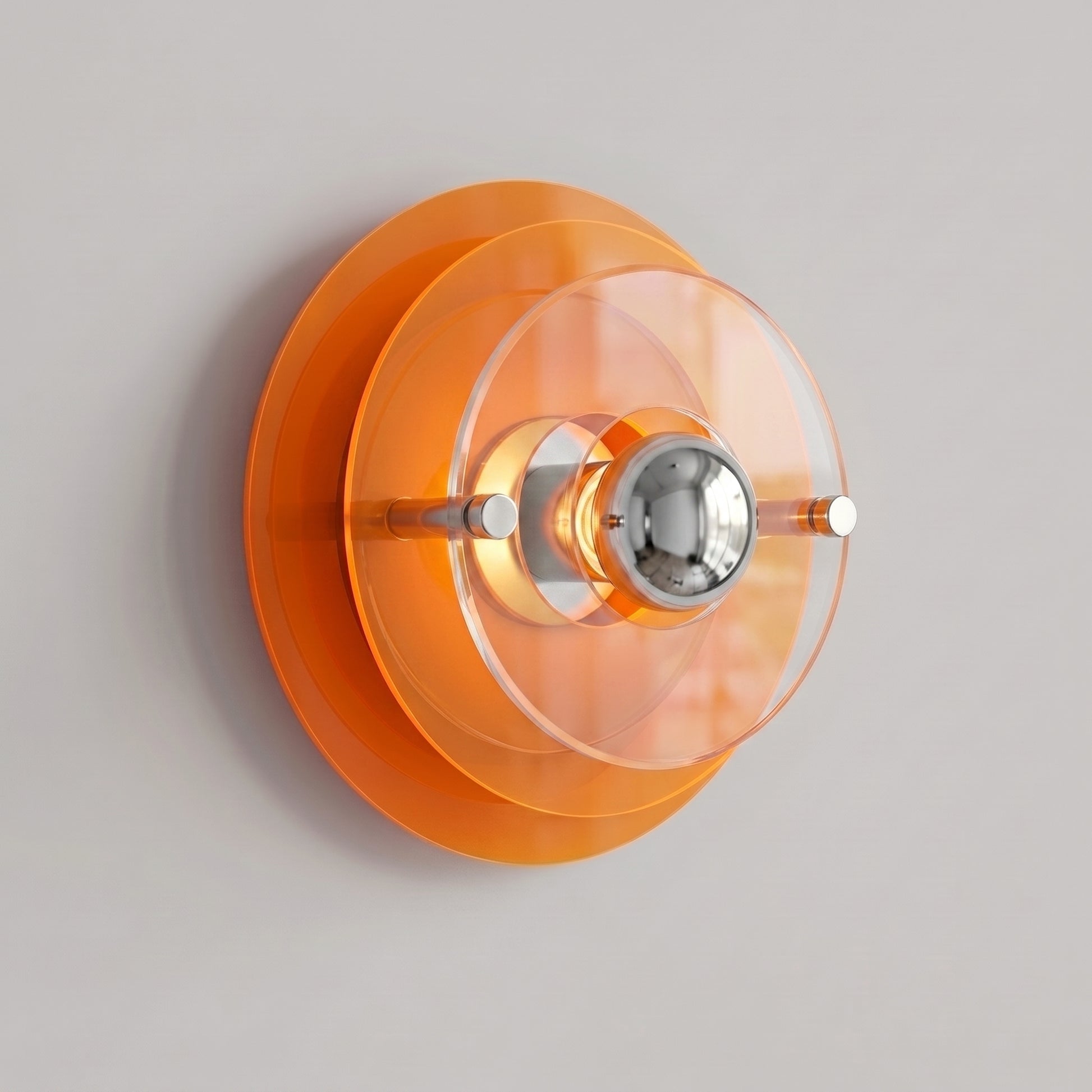 Ximlu orange acrylic disc wall sconce, studio hero shot 24cm