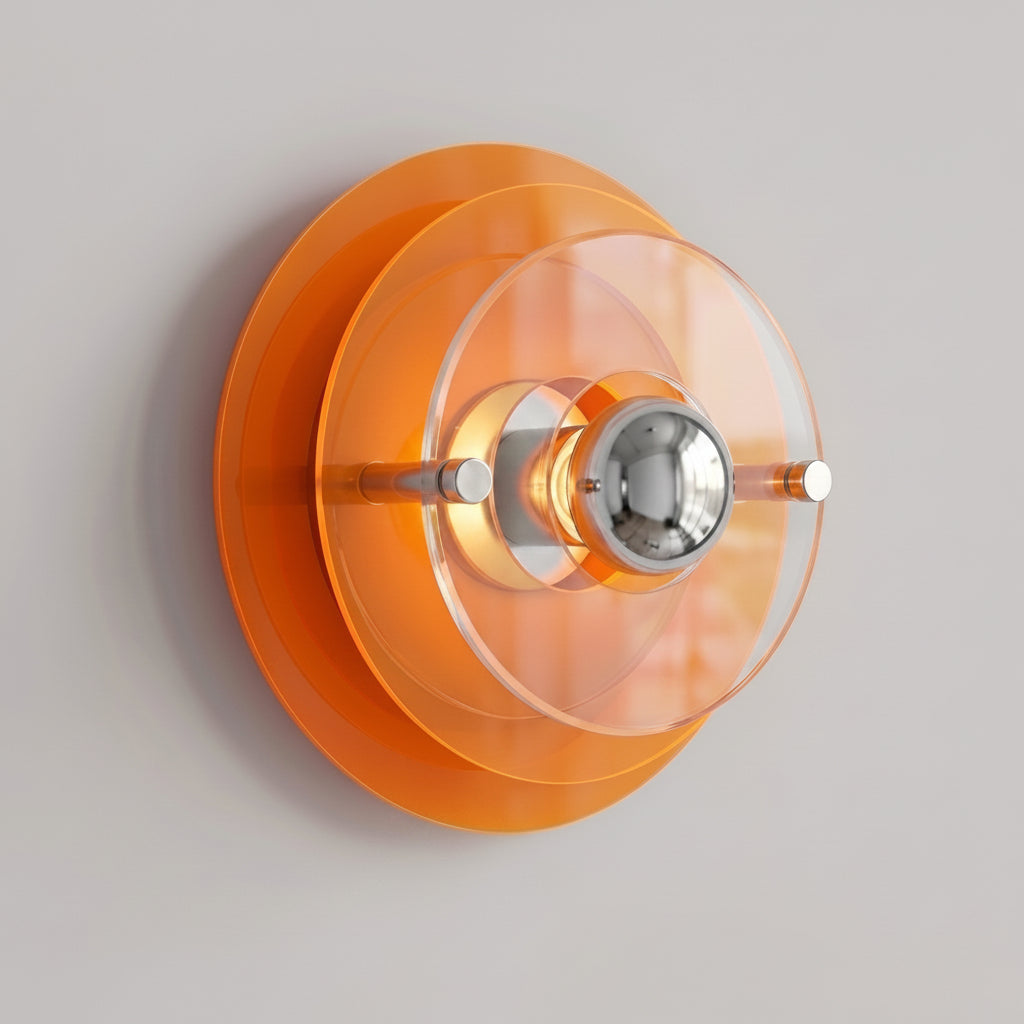 Ximlu orange acrylic disc wall sconce, studio hero shot 30cm