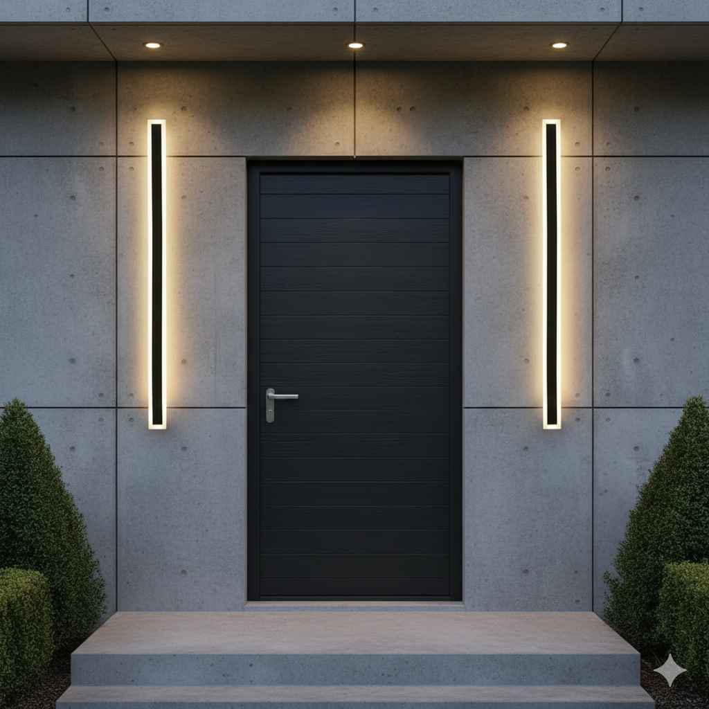 Two sleek linear xura outdoor wall lights flanking a modern black front door on a concrete exterior wall