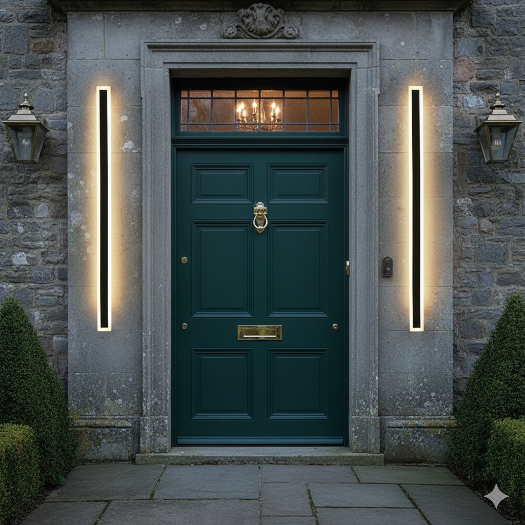 Long linear xura LED wall lights providing a modern touch to a traditional dark green front door