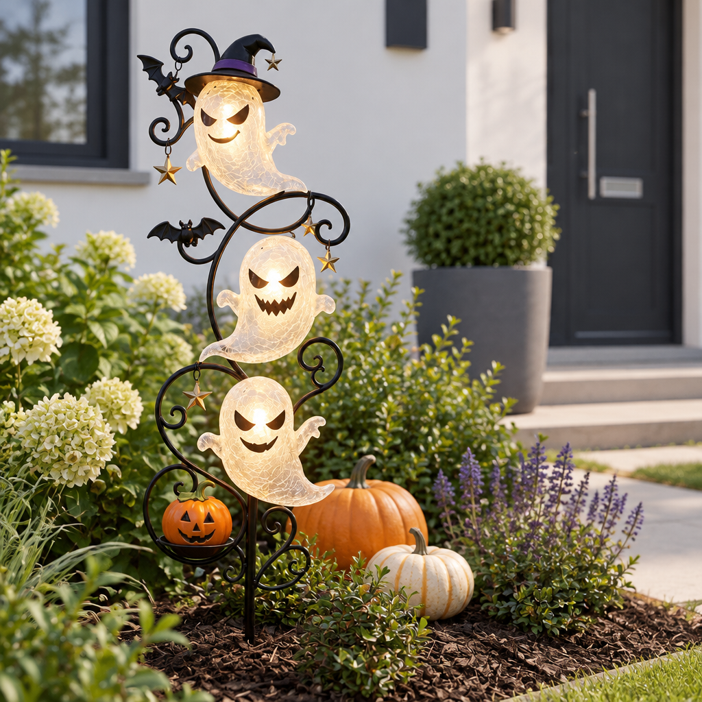 Yardmarker ghost garden stake with witch hat staked in a modern daytime garden bed beside pumpkins
