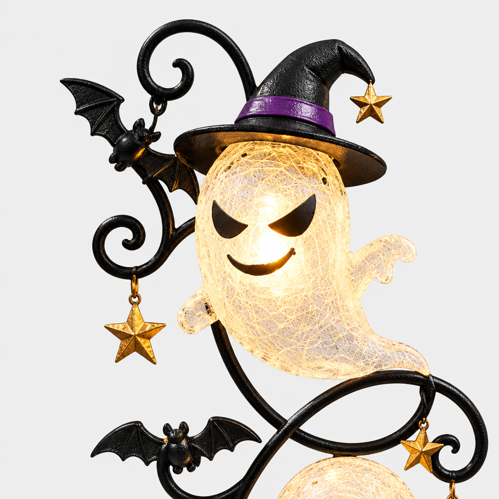 Close-up of Yardmarker's top glowing ghost figure wearing a witch hat with star and bat charms