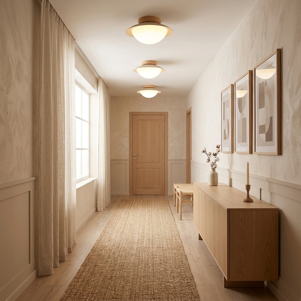 Yazqi Japandi ceiling lights in hallway with console table