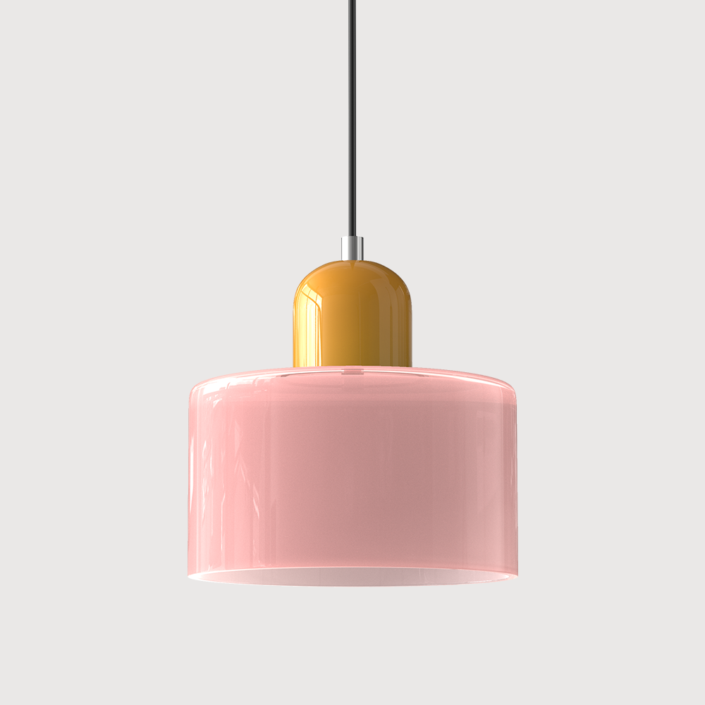 yellow base pink shade style glass pendant lamp isolated.