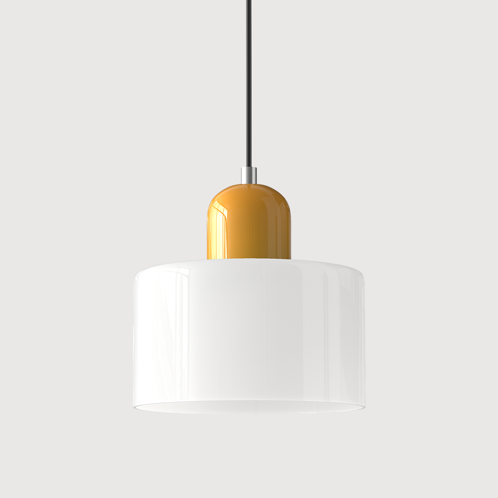 Yellow base and white shade mid-century glass pendant light