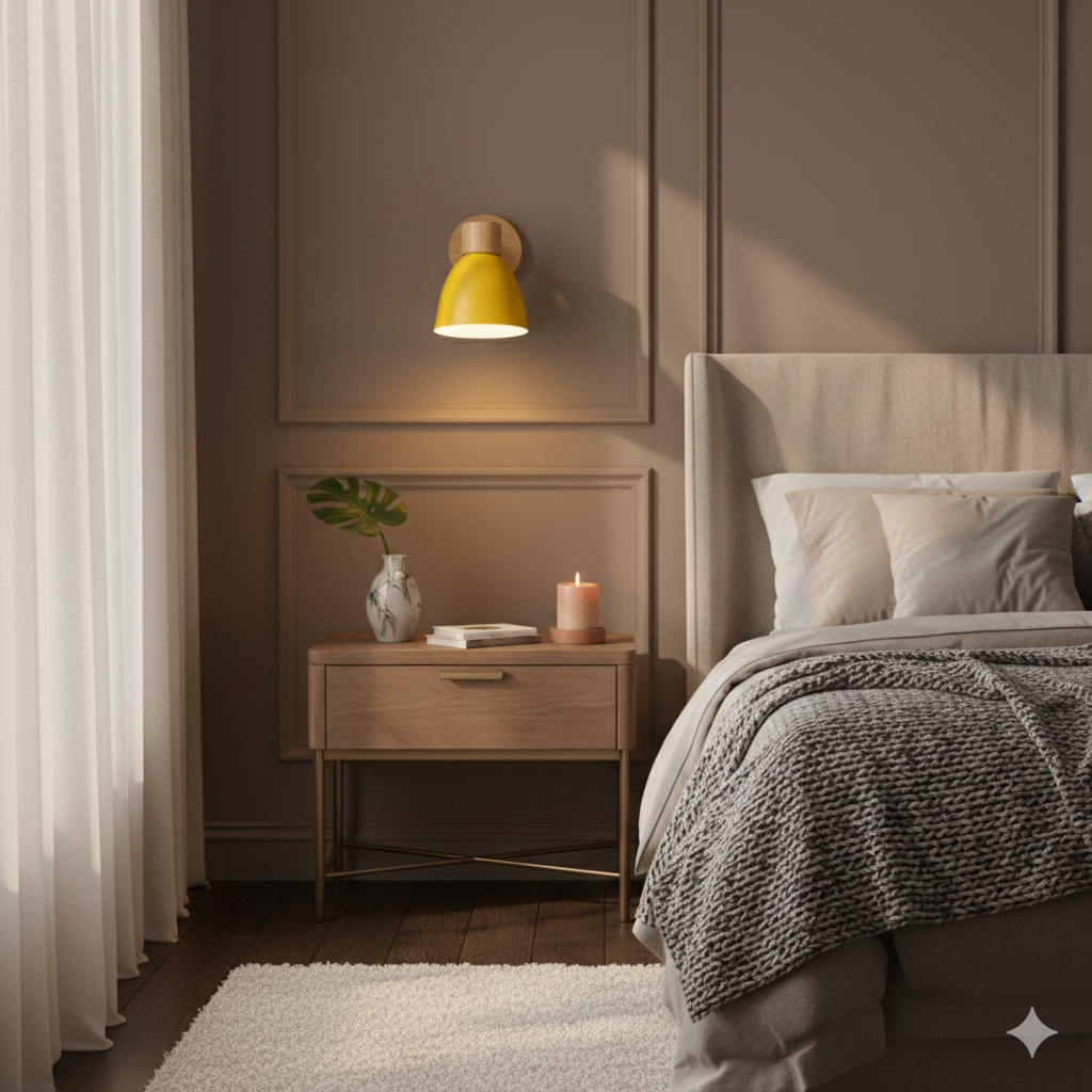 Yellow bedside wall sconce providing warm ambient light in a cosy modern bedroom