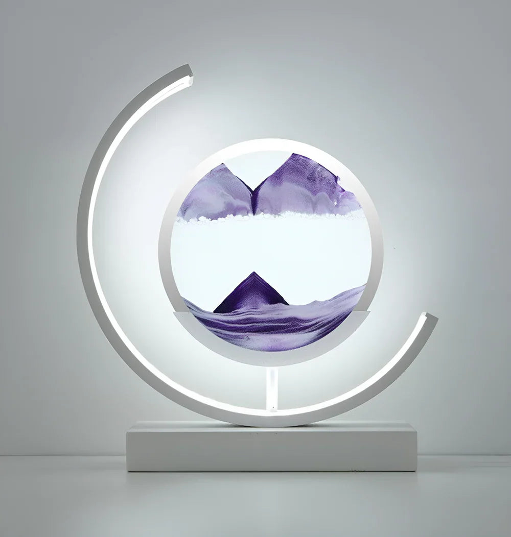 Elegant youj white quicksand table lamp with flowing purple sand creating a relaxing visual experience