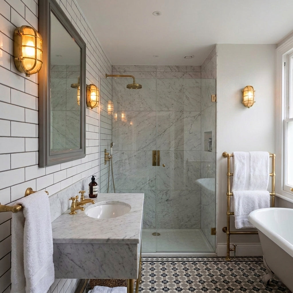 Yubza copper bulkhead wall lights installed in a bathroom