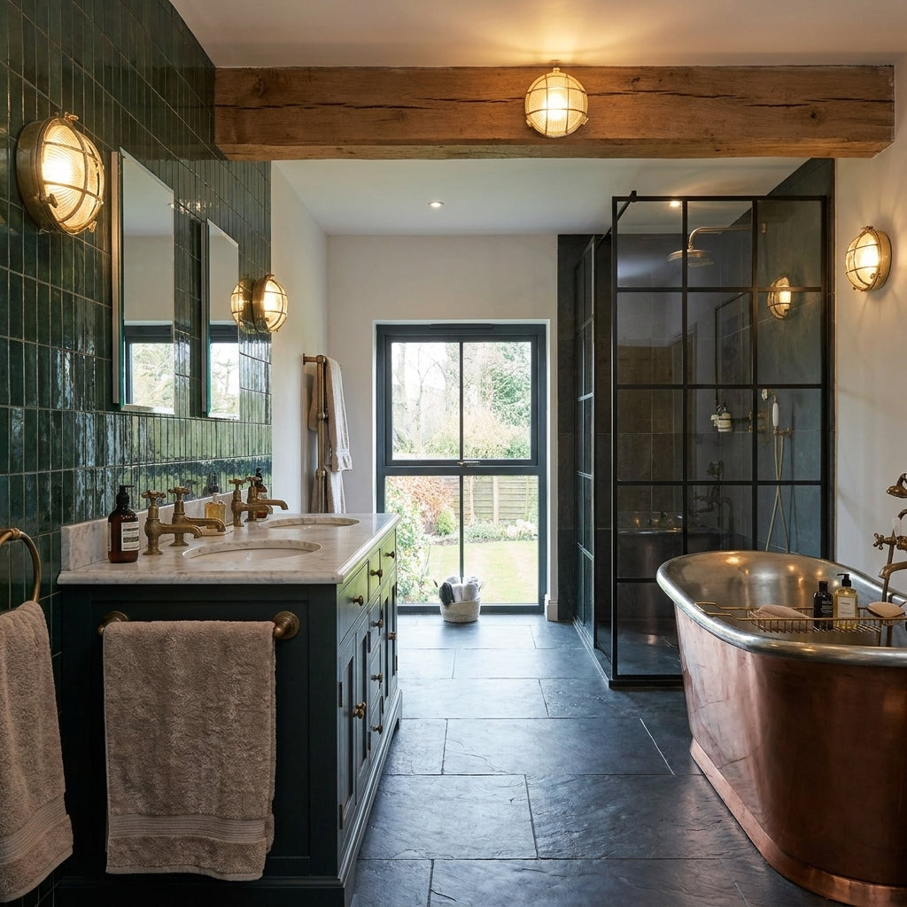 Yubza copper round bulkhead wall light, mounted and lit in a bathroom