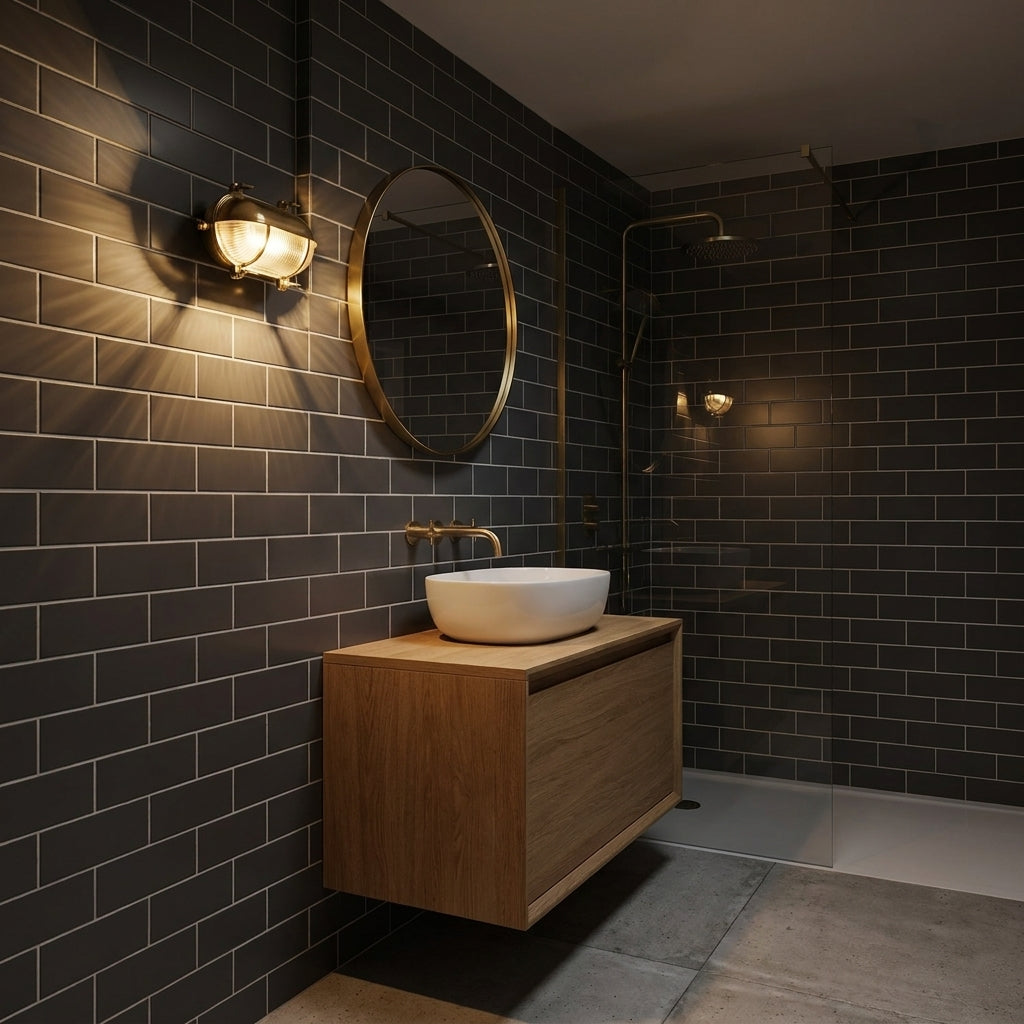 Yubza copper bulkhead wall light mounted and lit on a wall in a bathroom