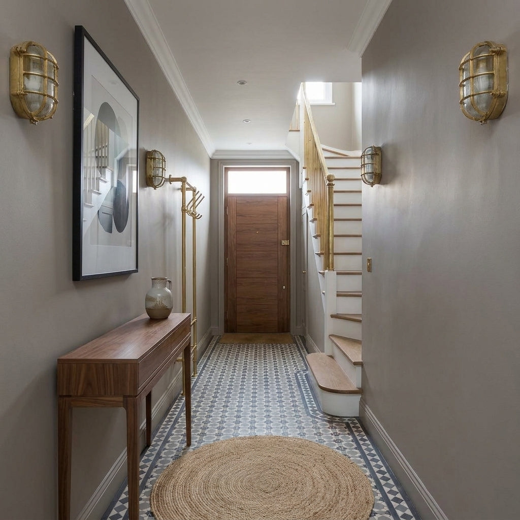Yubza copper bulkhead wall light, mounted on a wall in a hallway unlit