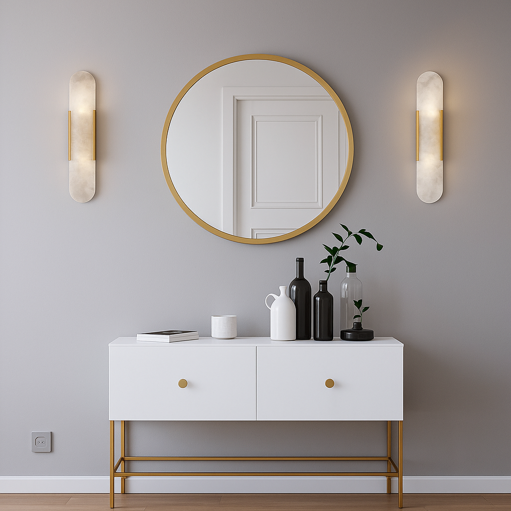 Pair of gold marble yuhy wall sconces beautifully framing a round hallway mirror over a console table