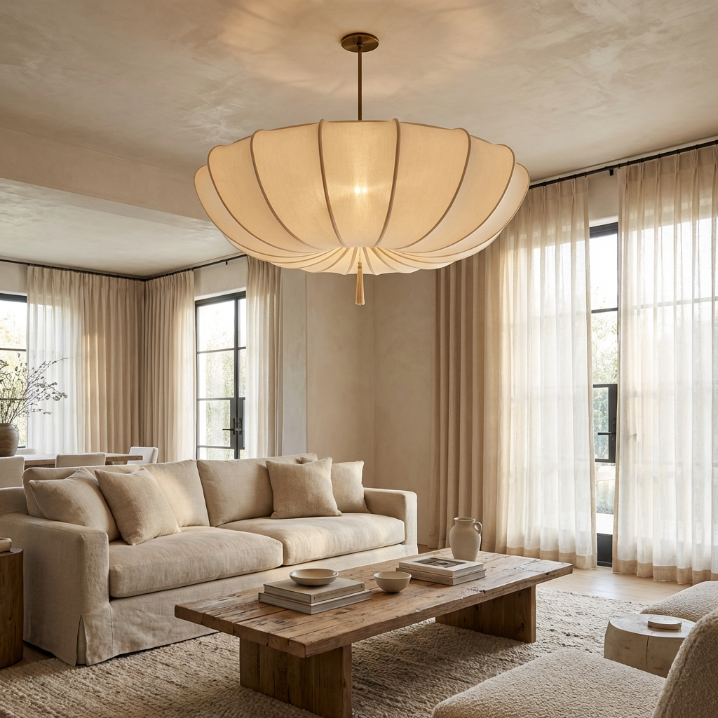 Nordic organic zera pendant light illuminating a bright, neutral-toned living room with large windows