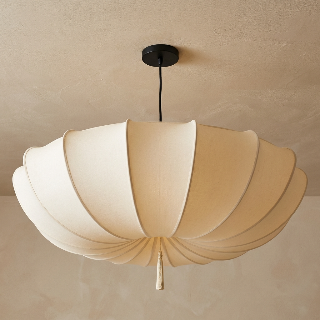 Close-up of the Wabi-Sabi minimalist fabric zera chandelier highlighting its ribbed texture and delicate bottom tassel