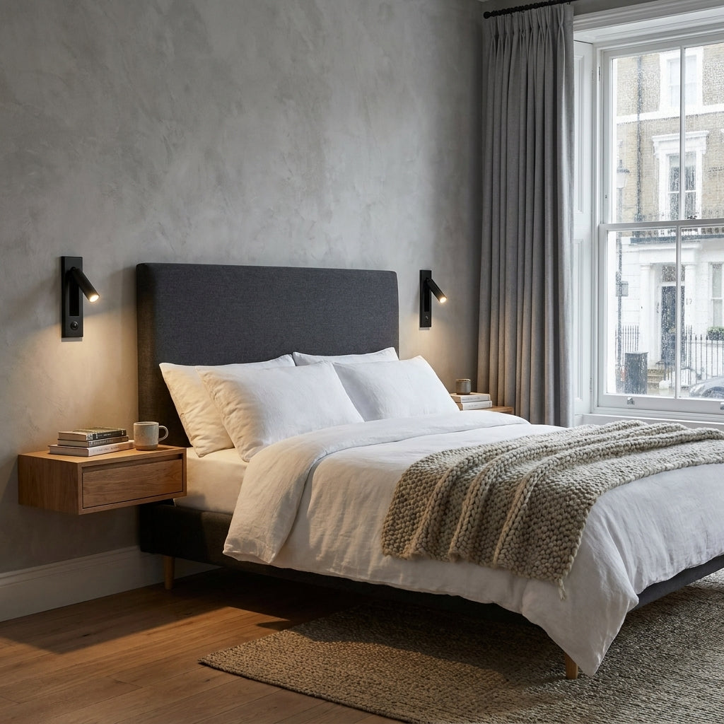 Zexto wall sconce mounted above a bedside table in a bedroom with a wood headboard